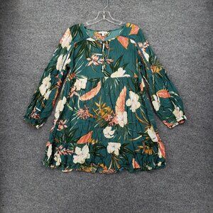 Patrons of Peace Top Womens M Medium Green Floral Gauze Tunic Blouse Long Sleeve